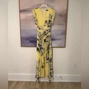 White House Black Market Yellow and Black Floral Wrap High Low Flowy Maxi Dress